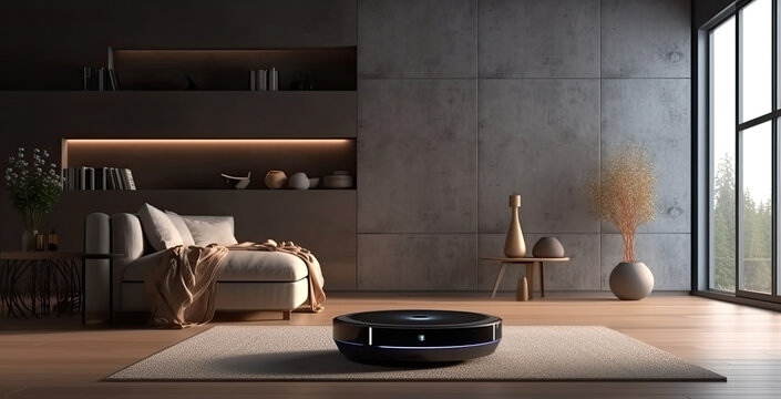 smart home robot vacuum cleaner assistant device in modern dark interior of living room, AI Generated.  Generative AI
