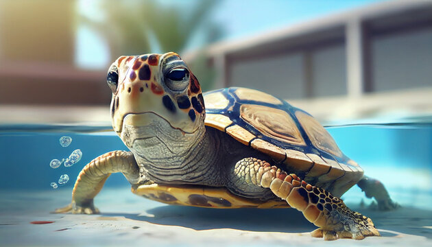 Happy Turtle having fun at summer holidays in a swiming in pool Ai generated image