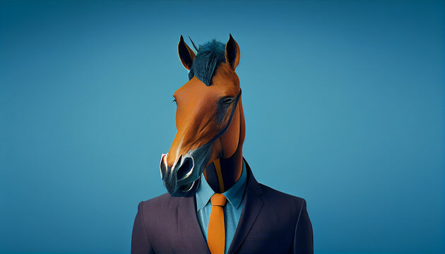 Horse Head On Solid Color Formal Suit With Pant. Solid Color Background. Ai Generated Image