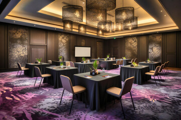 Fototapeta na wymiar an elegant convention room with white tables and black chairs