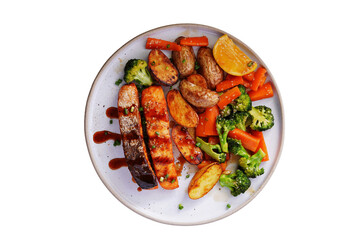 Homemade Grilled Salmon Steak with Broccoli, Potatoes, Carrots .