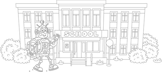 Funny robot with its schoolbag friendly smiling, waving in greeting and going to school, black and white outline vector illustrations for a coloring book