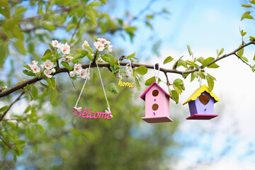 Obraz na płótnie Canvas banner welcome home to bird houses hanging on a flowering branch in spring friendly garden