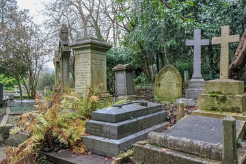 Highgate Cemetery famous for it's romantic victorian architecture and gothic tombstones, prominent figures buried here such as Karl Marx and Douglas Adams