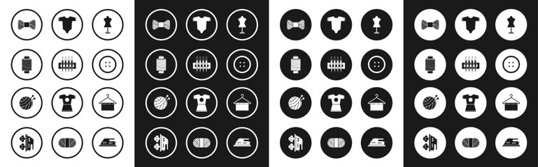 Fototapeta premium Set Mannequin, Needle for sewing, Sewing thread on spool, button clothes, Baby, Hanger wardrobe and Yarn ball with knitting needles icon. Vector