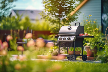 Summer time in backyard with grill BBQ. Generative AI - 602093202