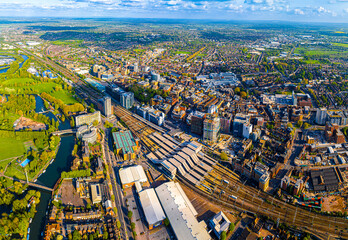 Aerial view of Reading, a large town on the Thames and Kennet rivers in southern England