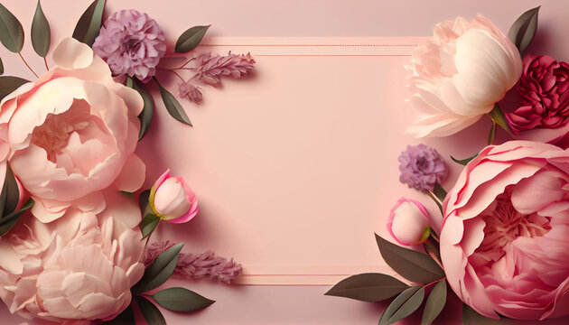 Peonies roses on pink background with huge copy space  Ai generated image