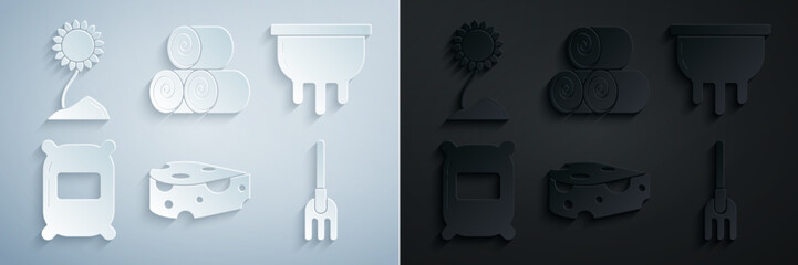 Set Cheese, Udder, Bag of flour, Garden rake, Roll hay and Sunflower icon. Vector