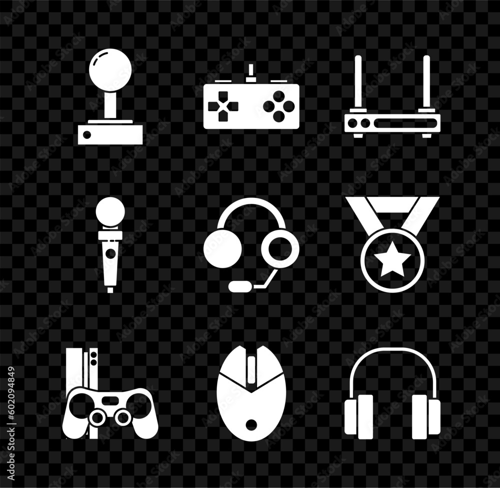 Poster set joystick for arcade machine, gamepad, router and wi-fi signal, console with joystick, computer m