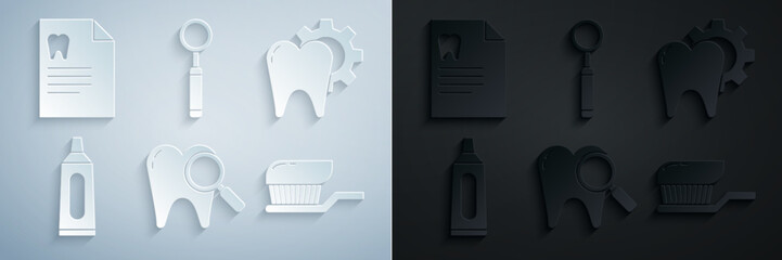 Set Dental search, Tooth treatment procedure, Tube of toothpaste, Toothbrush with, inspection mirror and Clipboard dental card icon. Vector