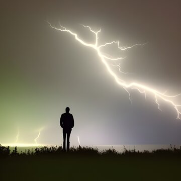 Nature's Fury Manifested: A Solitary Silhouette Standing Against the Roaring Lightning Storm