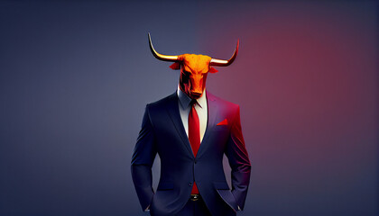 Red bull head on solid color formal suit with pant. solid color background. Ai generated image