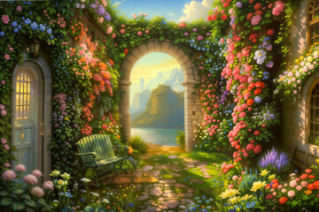 Obraz na płótnie Canvas Fantasy garden background. Mystical entrance from a magical garden. Magic meadow with spring blooming trees. Footpath through a magical garden with spring flowers to the house. AI generative image
