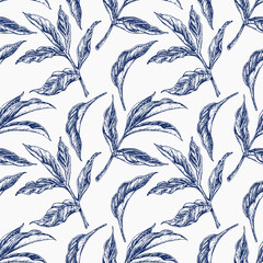 seamless floral pattern with  peony leaves on white background