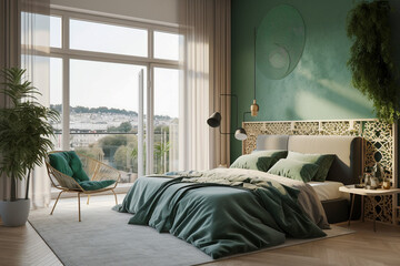Modern minimalistic interior of the bedroom, green, white and golden colors. Super photo realistic background, generative ai illustration.