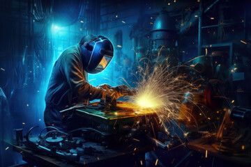 Welder working in the factory wearing protective helmet, sparks on dark background. Generative AI