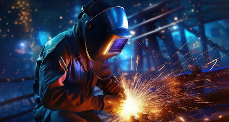 Welder at work wearing protective helmet, sparks on dark background. Generative AI