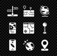 Set Road traffic sign, Broken road, Earth globe, Compass on mobile, Satellites orbiting the planet, Location, City map navigation and Infographic of city icon. Vector