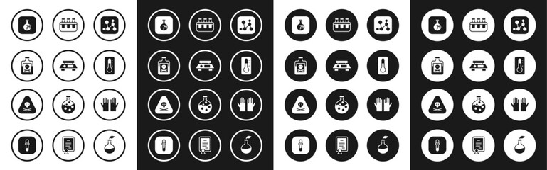 Set Chemical formula, Electronic scales, Poison in bottle, Cracked flask, Medical thermometer, Test tube and, rubber gloves and Triangle warning toxic icon. Vector