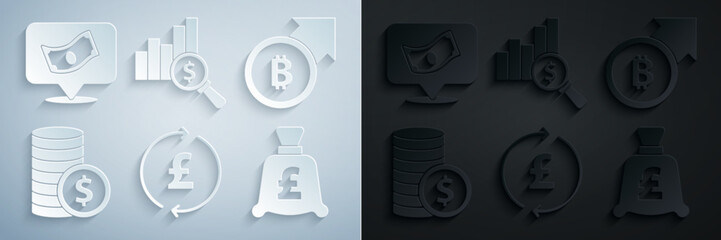 Set Coin money with pound, Financial growth and bitcoin, dollar, Pie chart and Stacks paper cash icon. Vector
