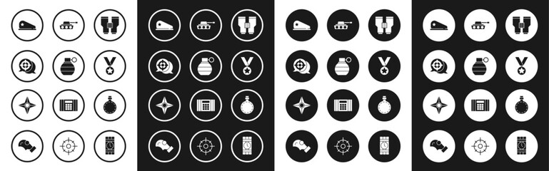 Set Binoculars, Hand grenade, Target sport, Military beret, reward medal, tank, Canteen water bottle and Japanese ninja shuriken icon. Vector