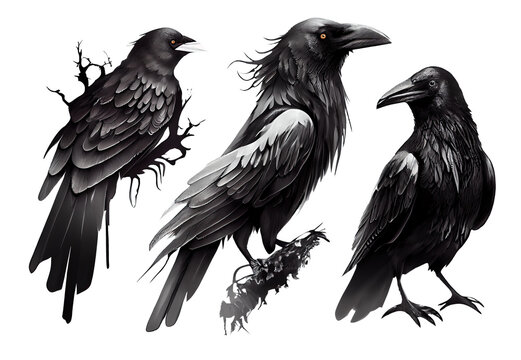 set of black crows, isolate. Generative AI  