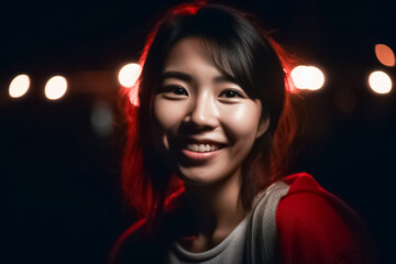 Naklejka premium The beautiful and radiant smile of a Japanese teenage girl is highlighted in this portrait, with the use of a bold and vivid red theme in the background. generative AI