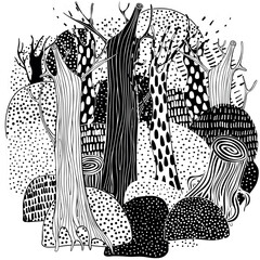 Circle Black and white forest landscape. Trees. Eco theme. Pattern for coloring book. Hand-drawn, ethnic, retro, doodle, vector, zentangle vector.