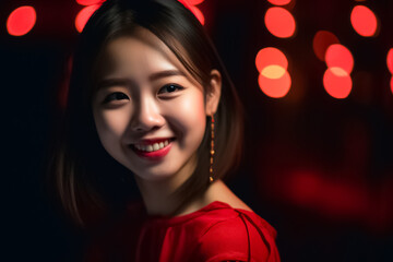 Naklejka premium The beautiful and radiant smile of a Japanese teenage girl is highlighted in this portrait, with the use of a bold and vivid red theme in the background. generative AI