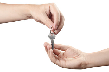 Two hands sharing a house key, cut out