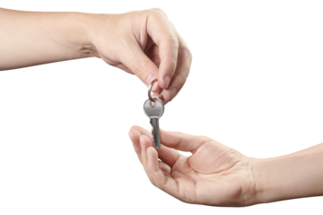 Two hands sharing a house key, cut out