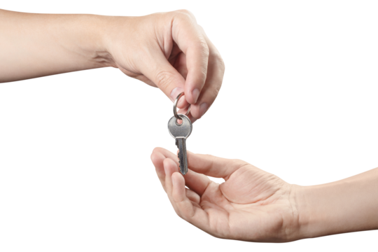 Two hands sharing a house key, cut out