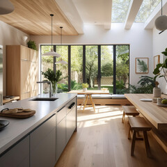 Fototapeta premium A kitchen with a large island with a large window. Bright modern kitchen with bright natural light. Contemporary white kitchen room interior. Realistic 3D illustration. Generative AI