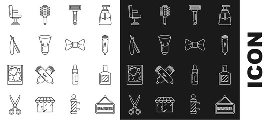Set line Barbershop, Aftershave, Electrical hair clipper or shaver, Shaving razor, brush, Straight, chair and Bow tie icon. Vector