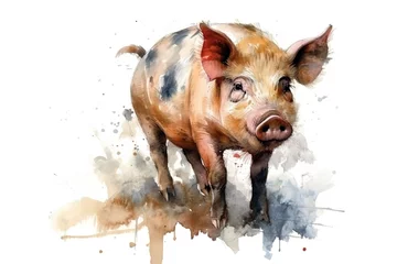 Fotobehang Watercolor painting of a pig on a white background. Farm Animals. Illustration, generative AI. © yod67
