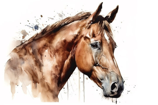 Watercolor painting of a horse head on a white background. Wildlife Animals. Illustration, generative AI.