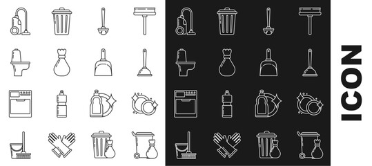 Set line Trash can, Washing dishes, Toilet plunger, brush, Garbage bag, bowl, Vacuum cleaner and Dustpan icon. Vector