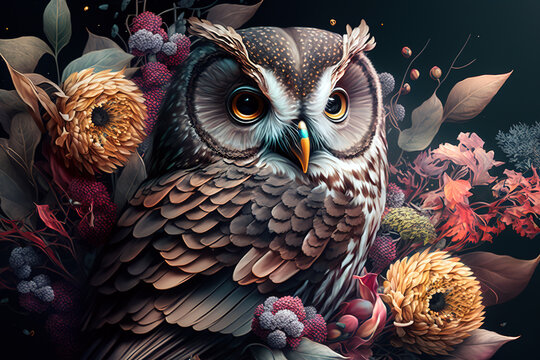 Image of brightly colored owl with colorful tropical flowers. Wild Animals. Birds. illustration. Generative AI.