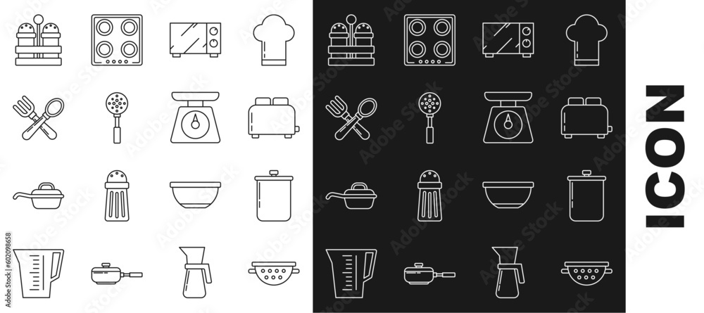 Sticker Set line Kitchen colander, Cooking pot, Toaster with toasts, Microwave oven, Spatula, Crossed fork spoon, Salt pepper and Scales icon. Vector