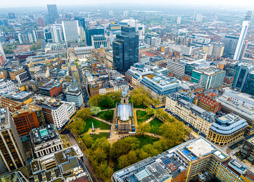 Aerial view of Birmingham, a major city in England&rsquo;s West Midlands region, with multiple Industrial Revolution-era landmarks