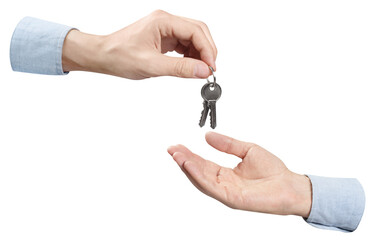 Two hands sharing house keys, cut out