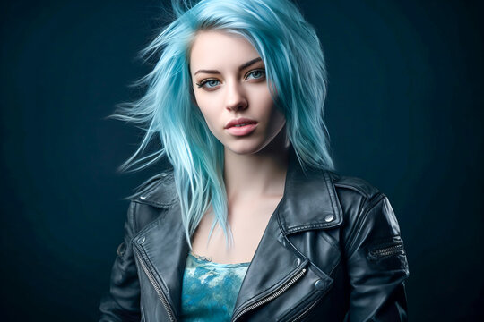 Cheerful metalhead rocker girl with blue hair, dressed in a black leather biker jacket on a blue studio background. The image exemplifies youthful rebellion, alternative fashion, self-expression