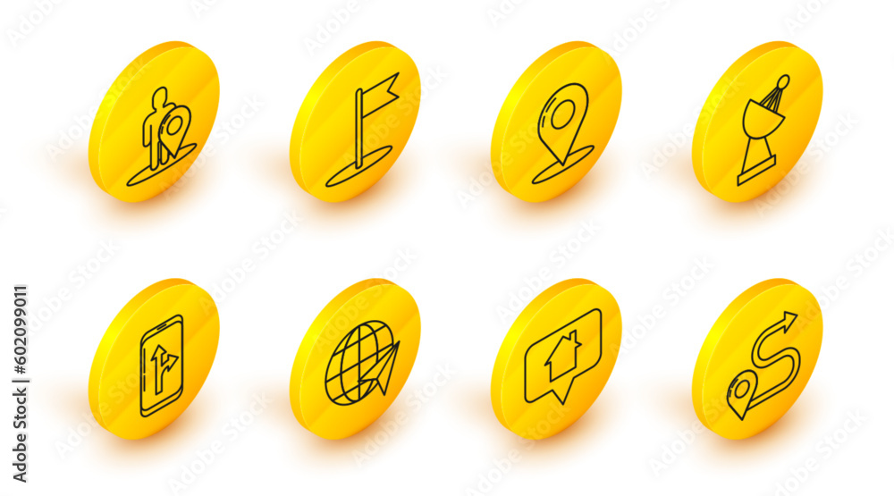 Poster set line route location, map pointer with house, location the globe, infographic of city map navigat