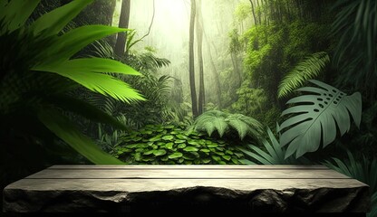 Empty showcase for packaging product presentation. Natural stone and concrete podium in tropical forest with flowers, Background for cosmetic products, scene with green leaves. Mock up pedestal.