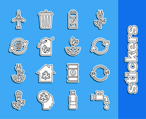 Set line Water tap, Electric plug, Refresh, Recycling plastic bottle, Tag with leaf symbol, Planet earth and recycling, Wind turbine and Earth globe icon. Vector