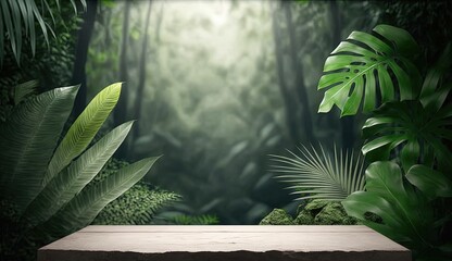 Empty showcase for packaging product presentation. Natural stone and concrete podium in tropical forest with flowers, Background for cosmetic products, scene with green leaves. Mock up pedestal.