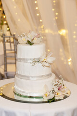 Social Event; Tasty Wedding Cake Decorated With Flowers.