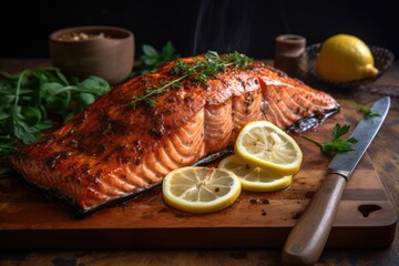 Close-up of a perfectly cooked and seasoned grilled salmon with juicy, side of lemon wedges. Ai generative.