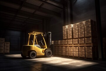 Naklejka premium transportation storage distribution box logistic cargo delivery sun forklift warehouse. Generative AI.